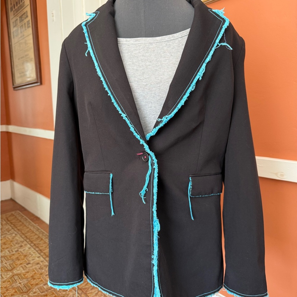 Women’s Black Blazer with Turquoise Fringe Trim